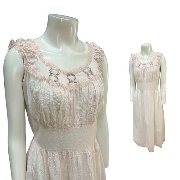 Vintage 50s Pink Embroidery Slip Dress Nightie Cottage core Lingerie / M - - Picture 1 of 6